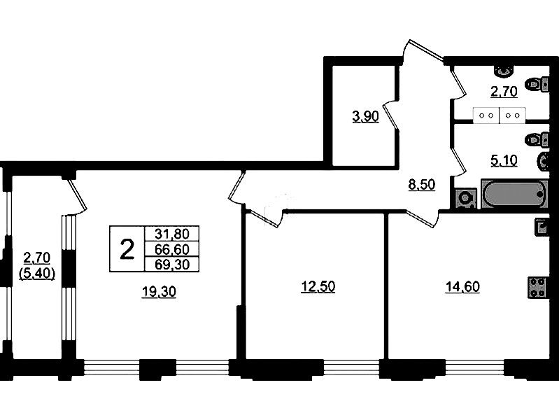2-комнатная квартира 69.3 м², 7/13 эт., ЖК «Тайм Сквер»
